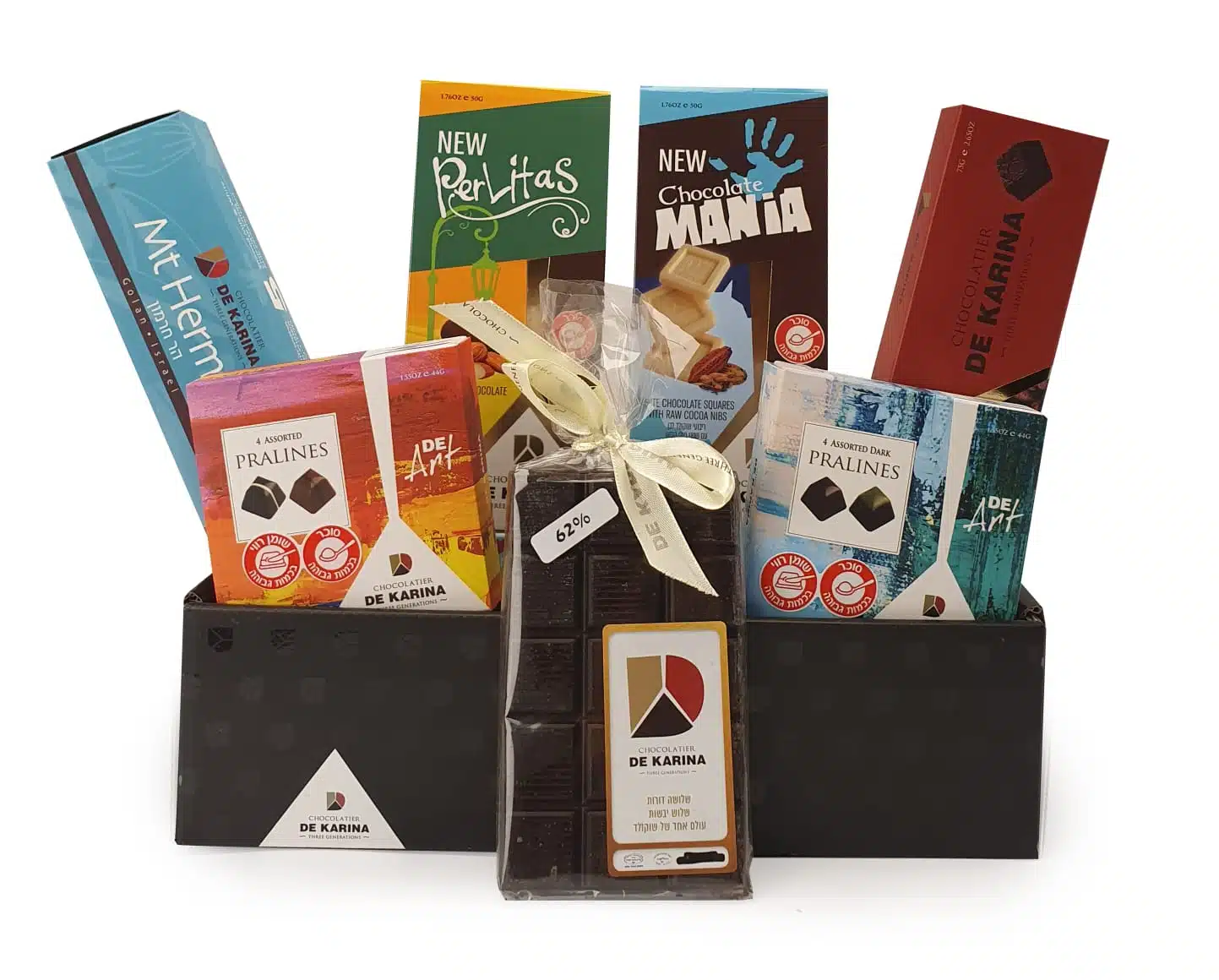 מארז שוקולד דה קרינה מארז שוקולד גדול דה קרינה, משלב בתוכו מגוון מוצרי שוקולד, פרלינים איכותיים ומפנקים, סוגי שוקולד שונים המיוצרים מבית דה קרינה. משלוח שוקולד עד הבית