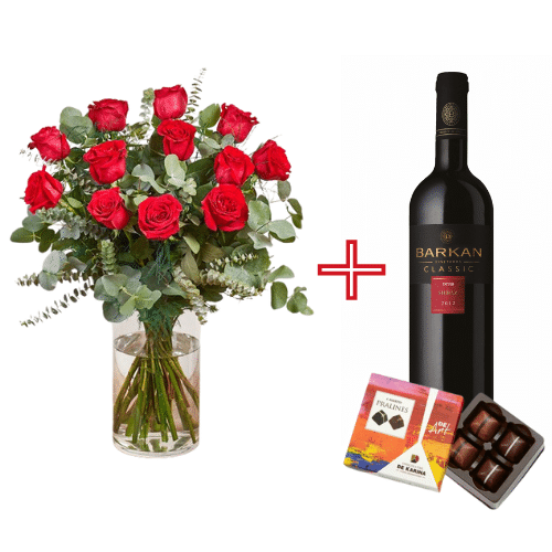 מארז רומנטיקה אדומה - זר ורדים אדומים מרשים ואיכותי הכולל 20 ורדים יין אדום ושוקולד דה קרינה